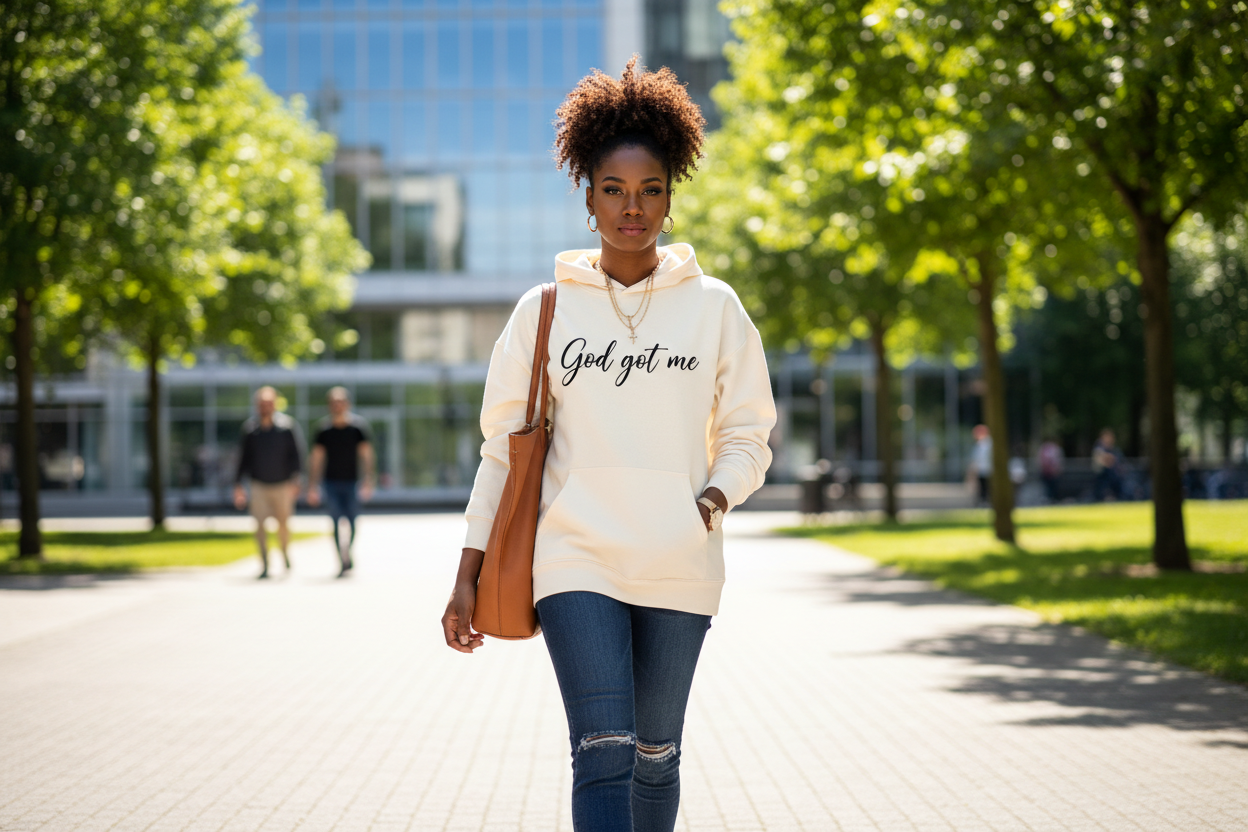 Black woman modeling a marketable hoodie that say God got me walking looking at the camera bodly