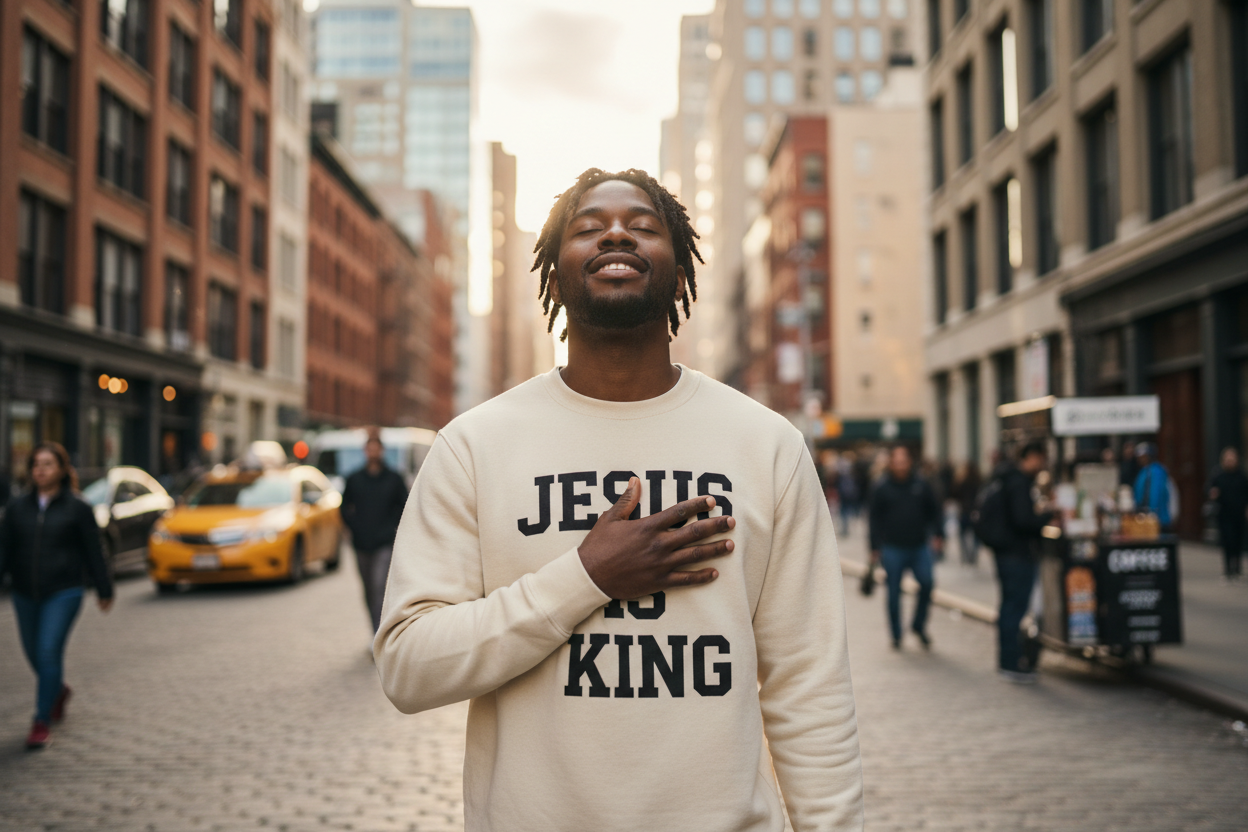 Try again have him walking the streets looking up to God